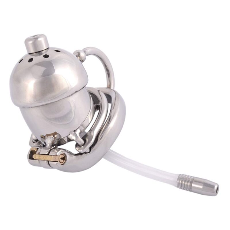 Male Metal Chastity Cage with Catheter and Anti-Off Ring second side view of Metal chastity cage with catheter and anti-off ring lock