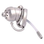 side view of Metal chastity cage with catheter and anti-off ring lock
