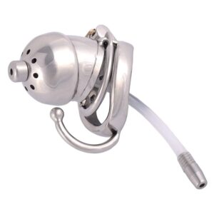 side view of Metal chastity cage with catheter and anti-off ring lock