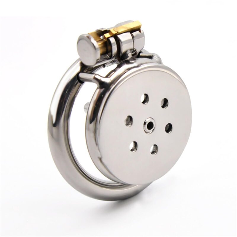 Inverted Metal Chastity Cage with Karabiner Stainless Steel front view of Inverted Metal Chastity Cage