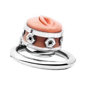 metal silicone chastity cage realistic vagina dildo head back product view