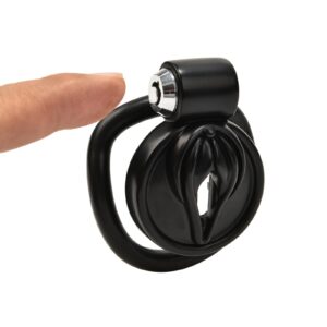 black resin chastity cage flat vagina detail close-up
