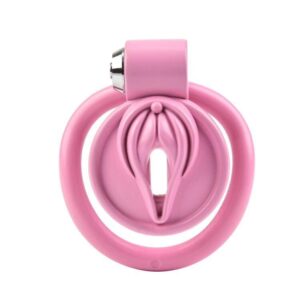 pink resin chastity cage vagina strap back product view