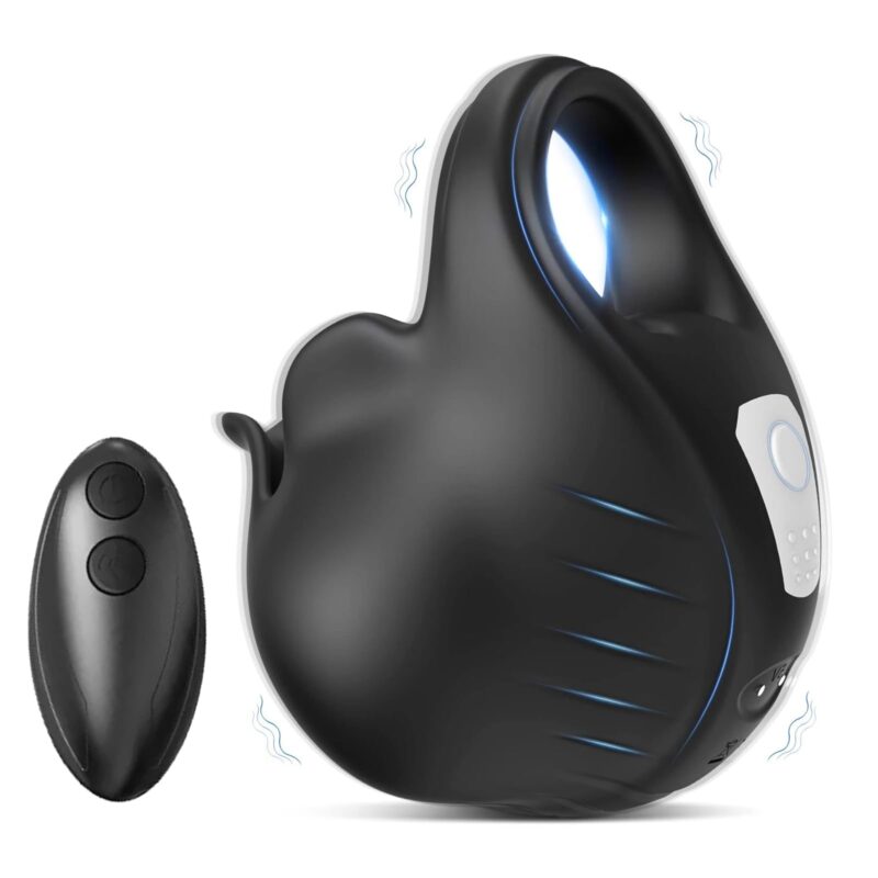 A 2-in-1 vibrating cock ring and hodenvibrator with a remote control.