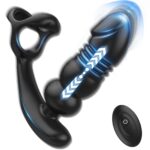 A black prostate vibrator with a penis ring attachment.