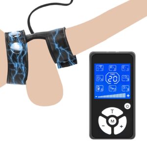 kinksterhub An adjustable leather and metal electric shock cock ring set with wires and a controller.