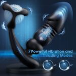 A black prostate vibrator with a penis ring attachment.