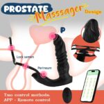 Black L-shaped prostate stimulator with telescopic and vibration functions, controlled by an app.