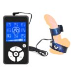 kinksterhub An adjustable leather and metal electric shock cock ring set with wires and a controller.