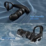 A black prostate vibrator with a penis ring attachment.