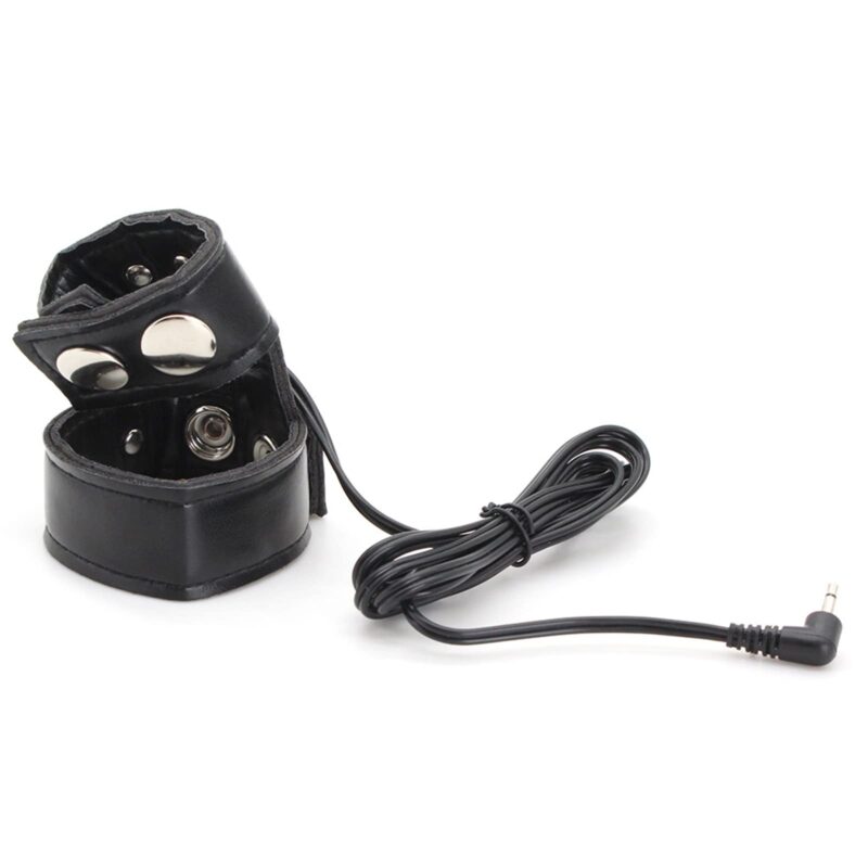 kinksterhub An adjustable leather and metal electric shock cock ring set with wires and a controller.