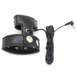 kinksterhub An adjustable leather and metal electric shock cock ring set with wires and a controller.