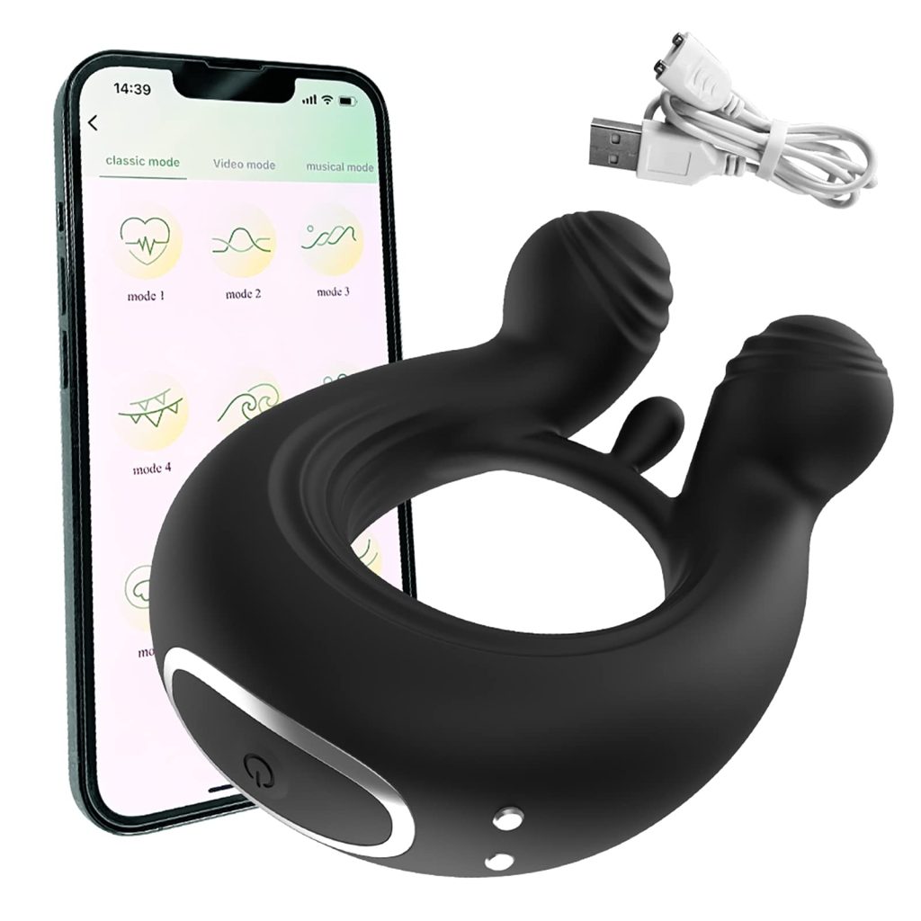 kinksterhub Black APP-controlled vibrating cock ring for penis and testicle stimulation.
