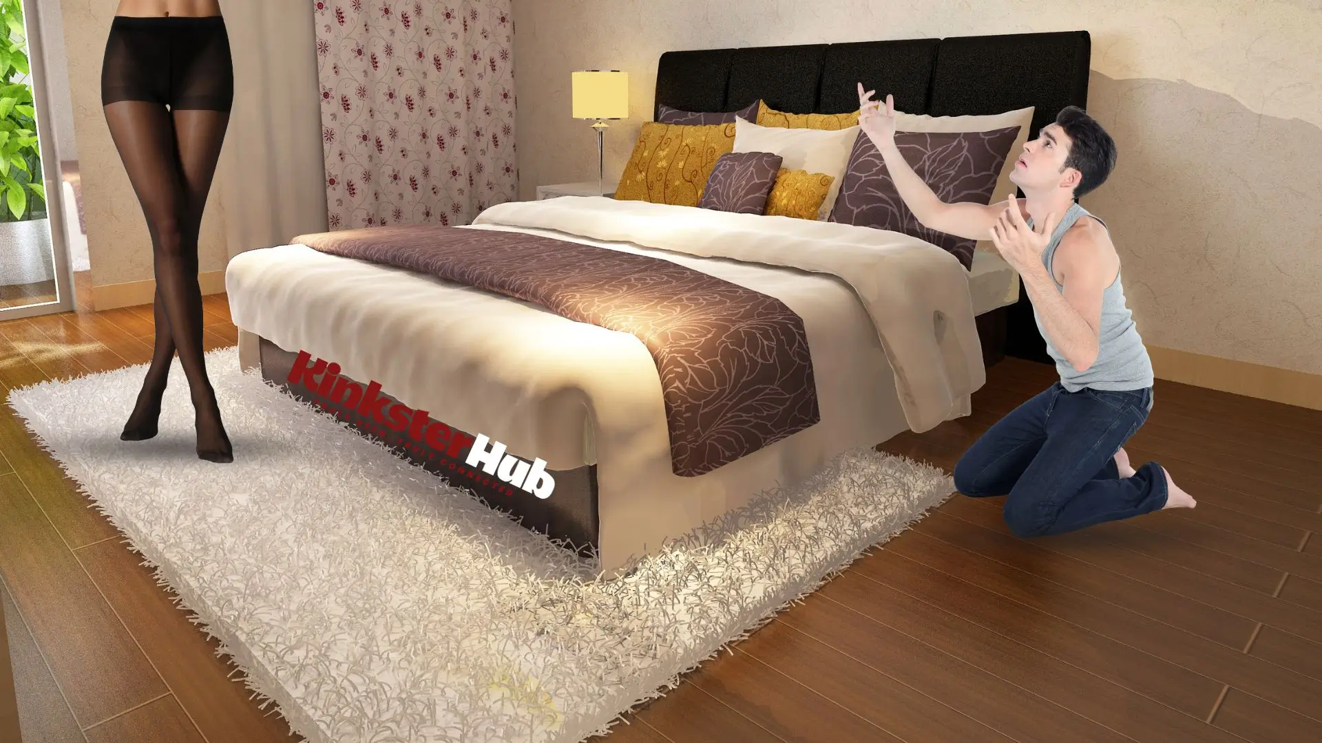 Man prays for black silk woman in the room -kinksterhub chastity cage tips