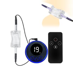 kinksterhub A soft TPE electric shock penis ring and hodensack ring set with wires and a controller.