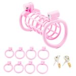 A double-ended pink chastity cage with multiple rings and invisible locks.