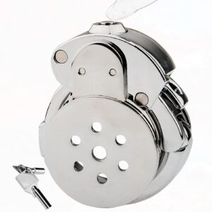 Adjustable chrome chastity cage angled front view