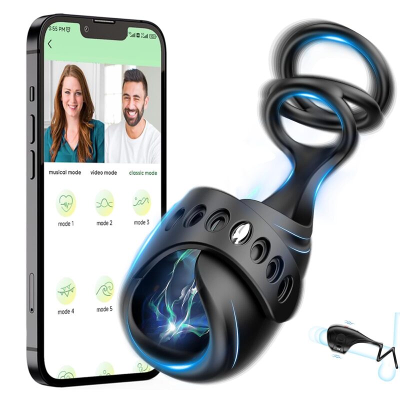 kinksterhub A black electric penis trainer with app control displayed on a phone.