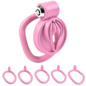 Realistic Pink Resin Chastity Cage Set All Ring Accessories Display