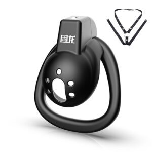 kinksterhub A small black flat chastity cage with a bondage belt and three different sized rings.