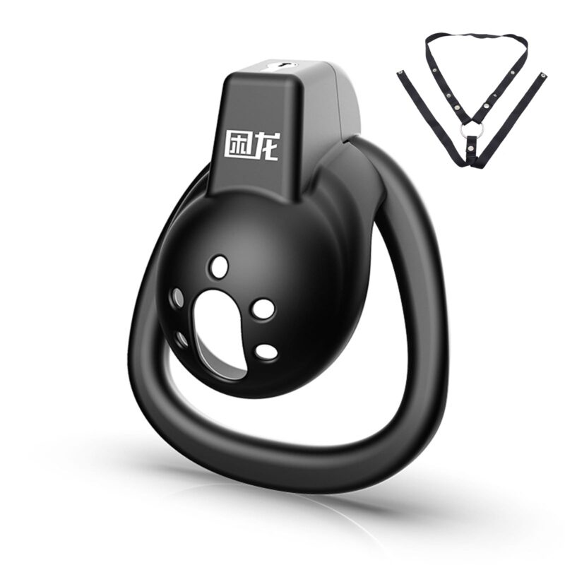 kinksterhub A small black flat chastity cage with a bondage belt and three different sized rings.