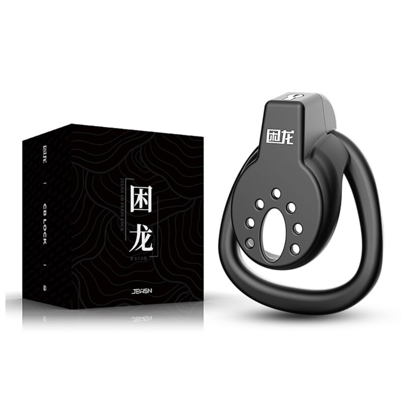 A small black lightweight flat chastity cage with three different sized rings.