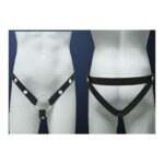 An adjustable black elastic band designed to secure a male chastity cage.