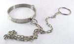 A silver metal choker collar necklace Chain length display
