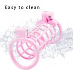 A double-ended pink chastity cage is easy to clean