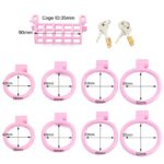 Each size of double-ended pink chastity cage with rings and locks.