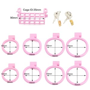 Each size of double-ended pink chastity cage with rings and locks.