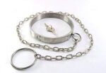 A silver metal choker collar necklace with a lock and key.