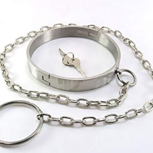 A silver metal choker collar necklace with a lock and key.