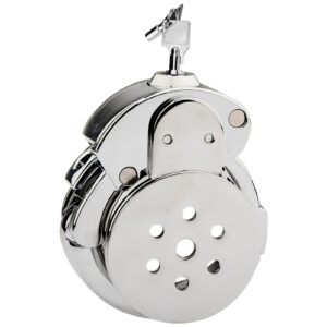 A small metal penis cage with an adjustable ring and a discreet button lock.