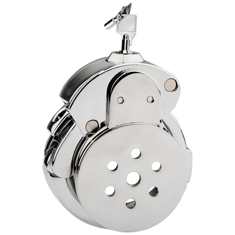 A small metal penis cage with an adjustable ring and a discreet button lock. A small metal penis cage with an adjustable ring and a discreet button lock.