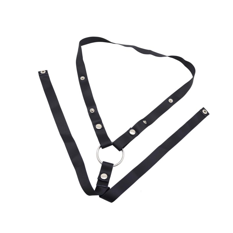 An adjustable black elastic band designed to secure a male chastity cage