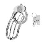 front view of stainless steel male chastity cage with key