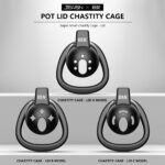 kinksterhub A small black flat chastity cage with a bondage belt and three different sized rings.