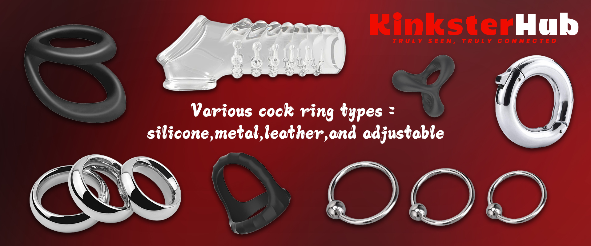 Various cock ring types: silicone, metal, leather, and adjustable