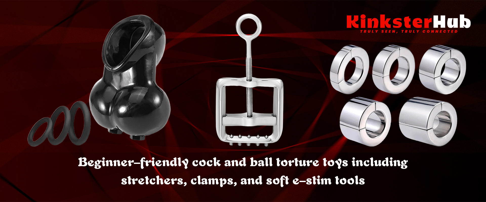 Beginner-friendly cock and ball torture toys including stretchers, clamps, and soft e-stim tools