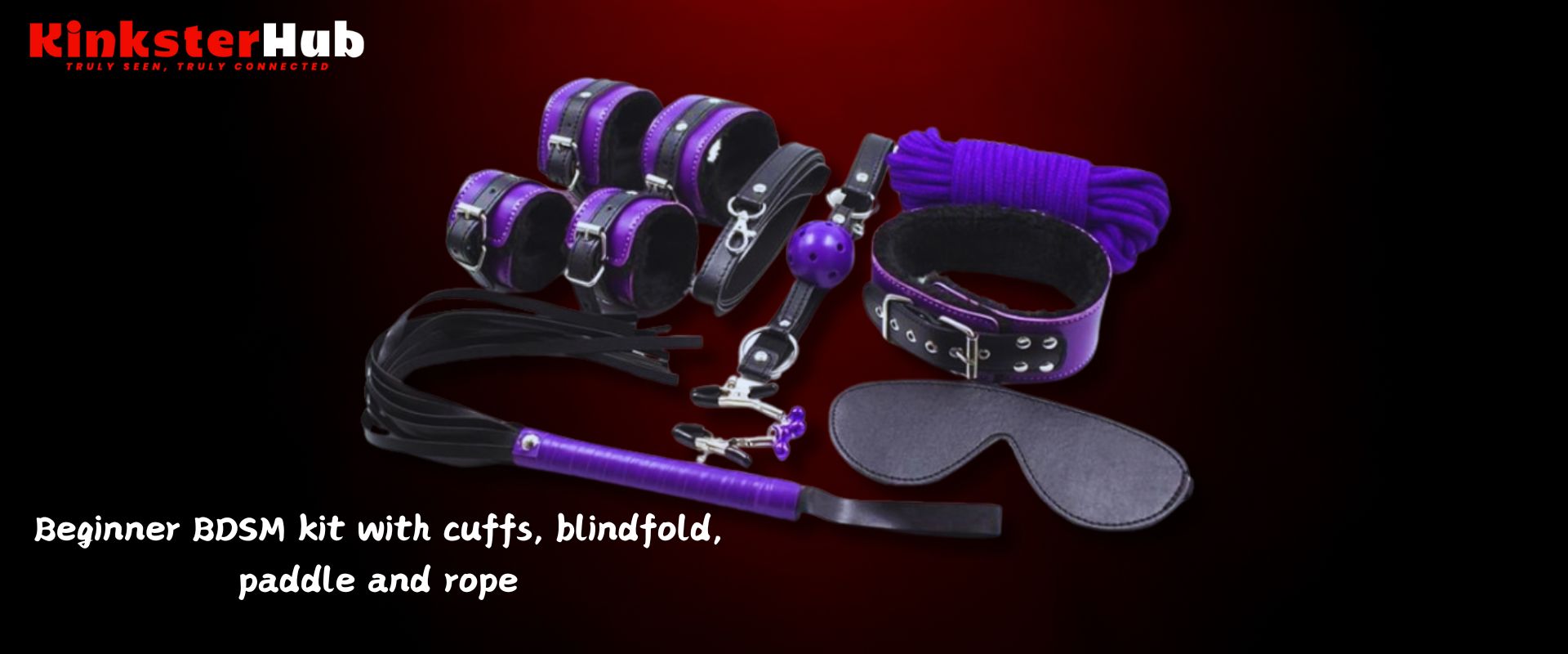 Beginner BDSM kit with cuffs, blindfold, paddle and rope