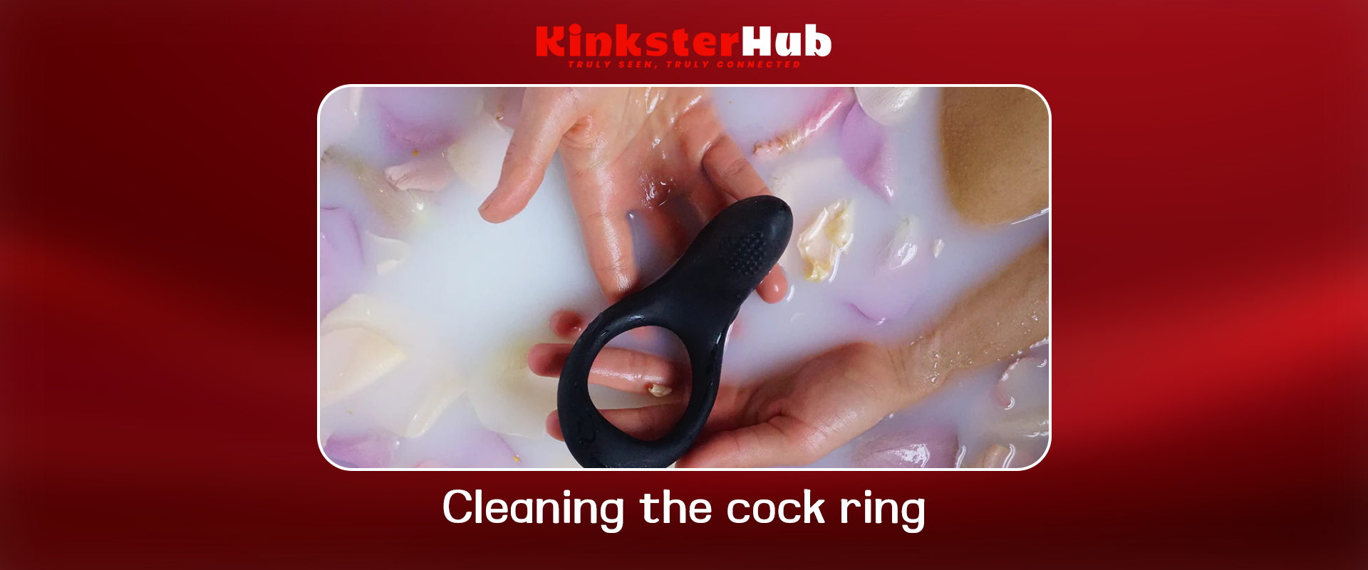 Flat lay of cock ring, lube, and cleaning supplies