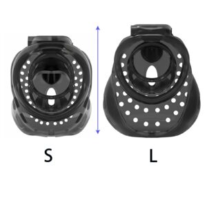 Black enclosed plastic chastity cage S and L front view