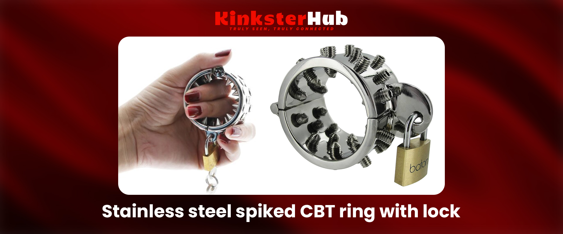 Stainless steel spiked CBT ring with lock, close-up view