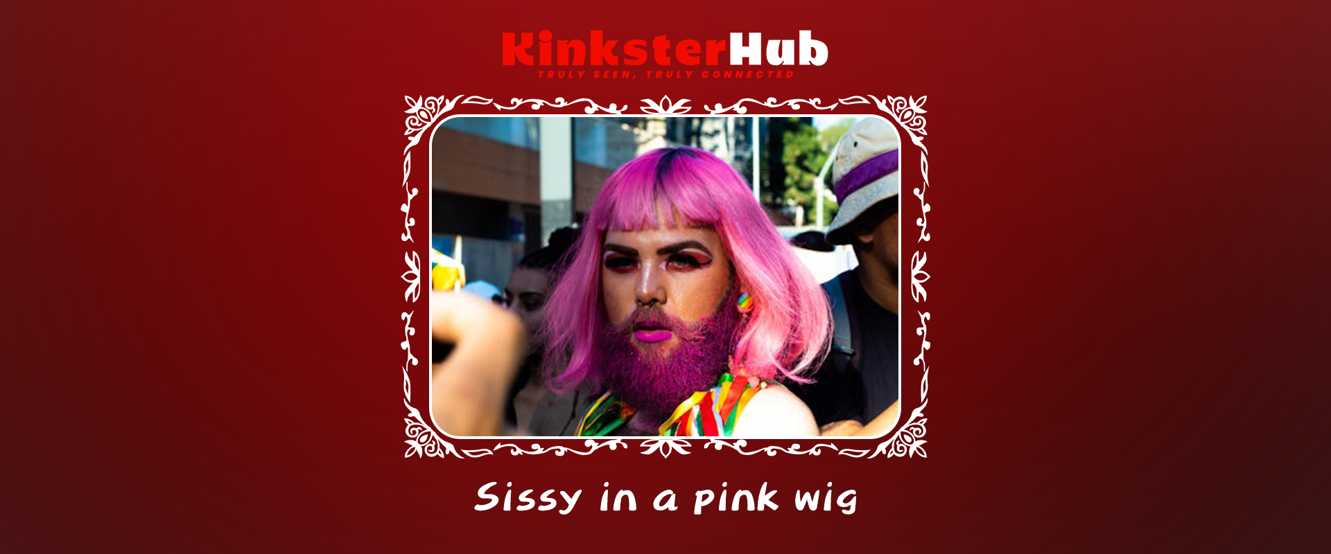 Pink lingerie, makeup, and wig laid out on bed