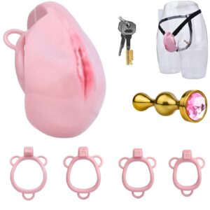 Pink Simulation Chastity Cage with Anal Plug