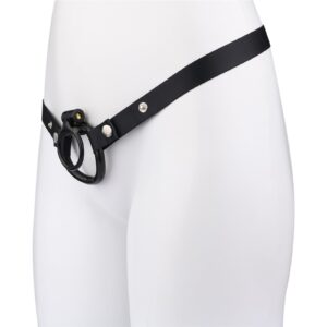 Wearing view of Small Double-Ring Black Chastity Cage