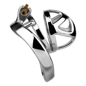Cutout steel chastity cage angled side view