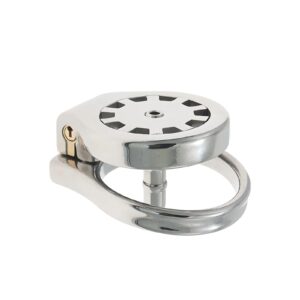 metal chastity cage flat catheter hidden lock detail close-up