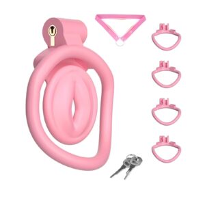 Pink Inverted Chastity Cage-ABS Cock Cage with Belt & 4 Rings